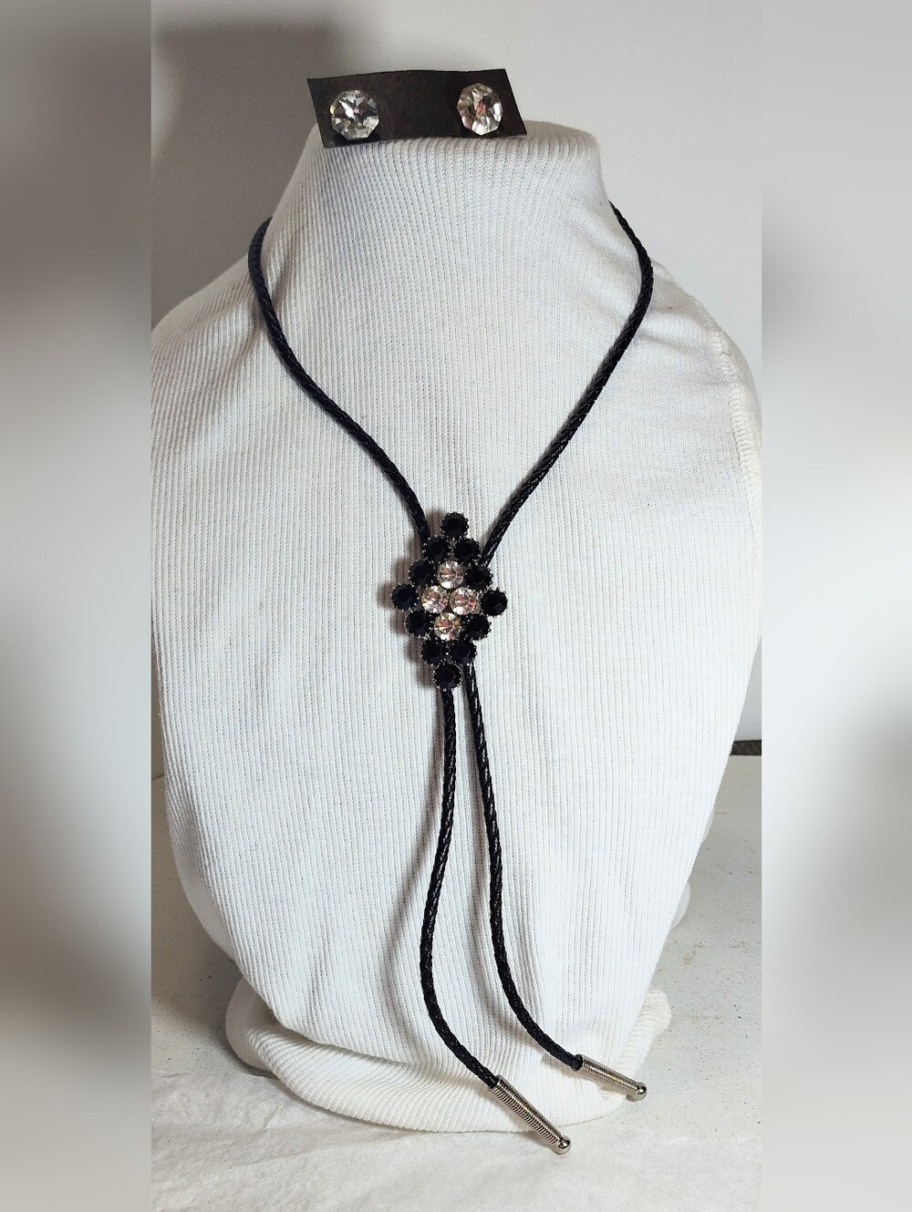 Black Crystal Floral Bolo Tie Necklace And Crystal Stud Earrings